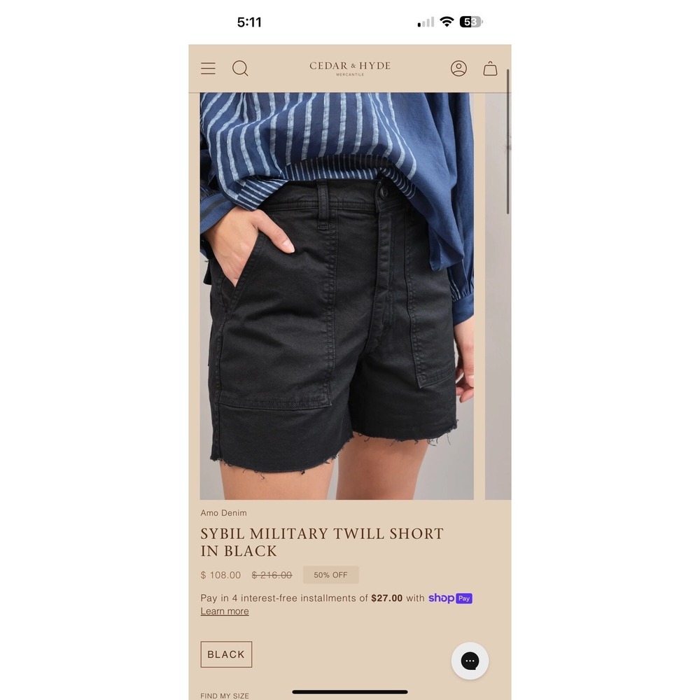 AMO Sybil Military Twill Shorts 4" Black Size‎ 26 MSRP $108 - Picture 8 of 8